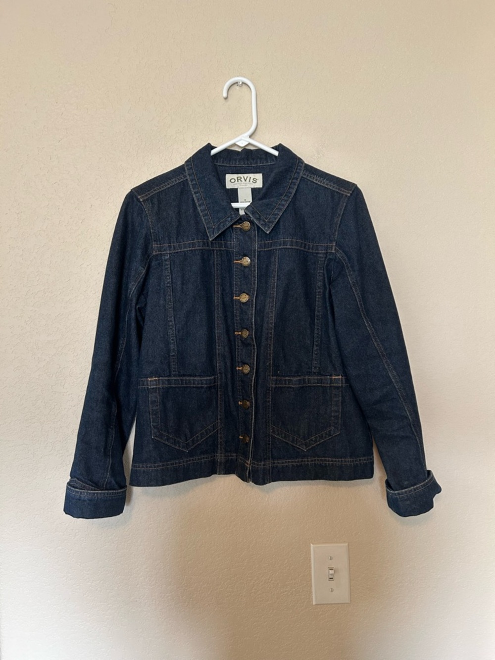 Orvis Dark Wash Denim Jacket Button Front Tailored Classic Jean Jacket Small